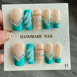 Handmade Turquoise Accent Press-On Nail Set with Rhinestones